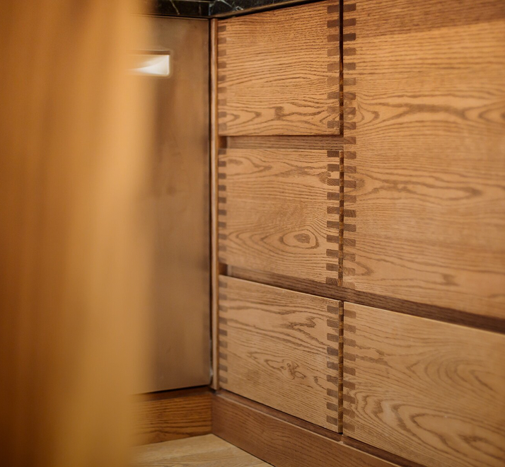 Oak cabinetry with dovetailed drawer joinery